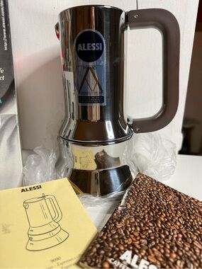 Alessi Stainless Steel Espresso Moka Pot with Brown Handle